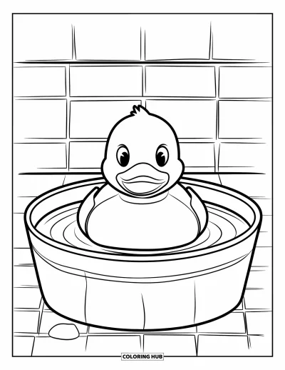 Coloriage de canard en caoutchouc pour enfants : Un canard assis dans un bassin carrelé avec des contours nets et épurés