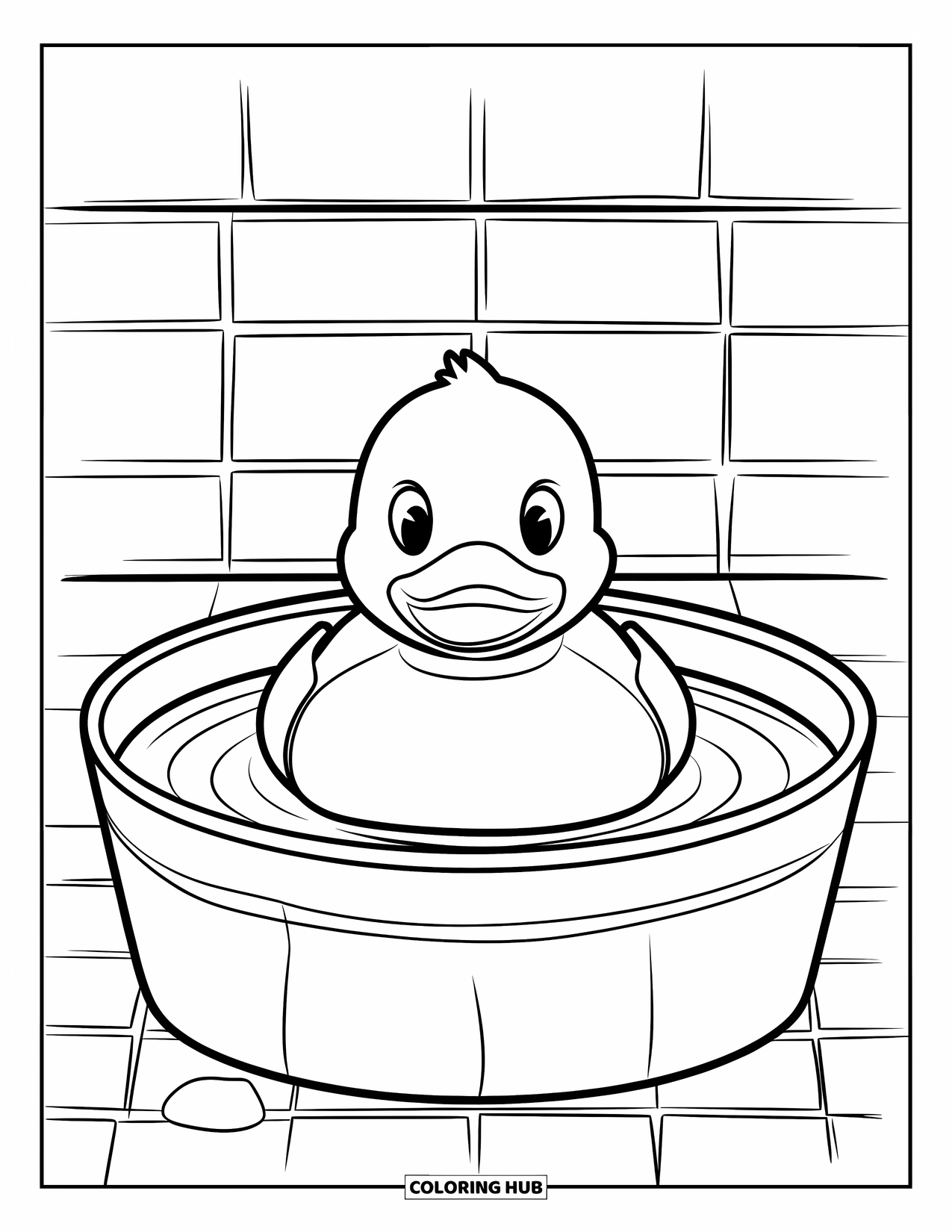Rubber Duck Coloring Page for Kids: A duck sits in a tiled basin with bold, clean outlines