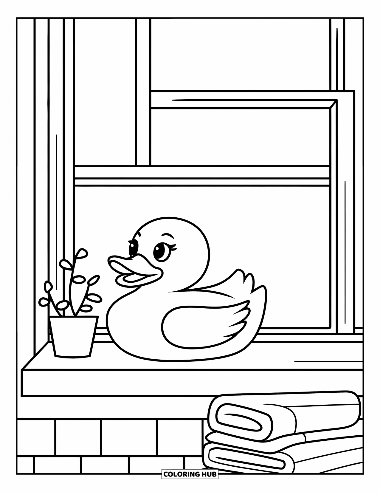 Rubber Duck Coloring Page for Kids: A duck sits on a windowsill with a plant and neat towels