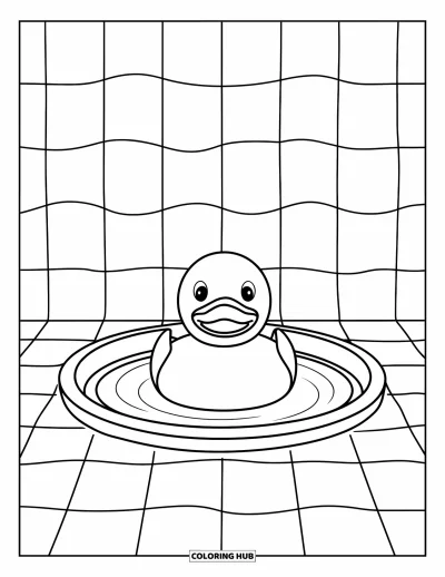 Coloriage de canard en caoutchouc pour enfants : Un canard souriant dans un bassin avec des carreaux aux motifs ondulés en arrière-plan
