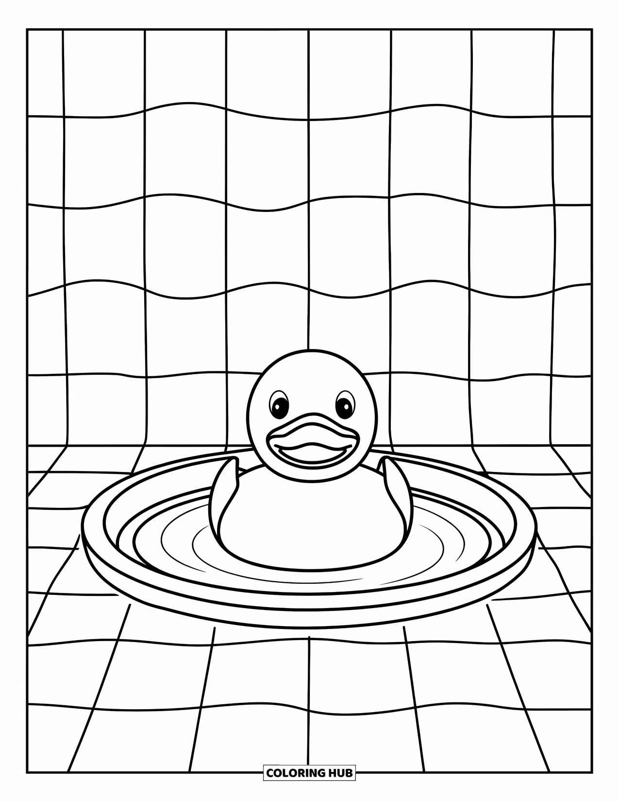 Rubber Duck Coloring Page for Kids: A duck smiles in a basin with wavy patterned tiles behind