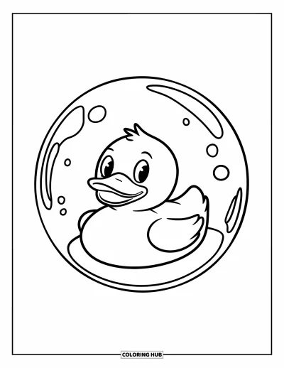 Coloriage de canard en caoutchouc pour enfants : Un canard souriant à l'intérieur d'une bulle avec de douces ondulations autour de lui