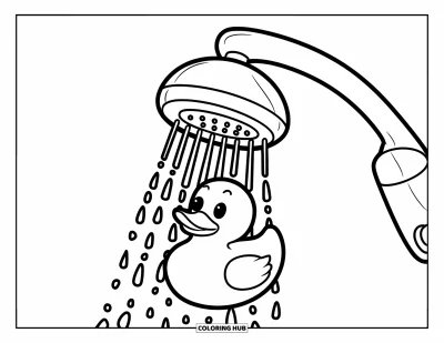 Coloriage de canard en caoutchouc pour enfants : Un canard s'éclabousse sous une douchette avec des gouttelettes éparpillées