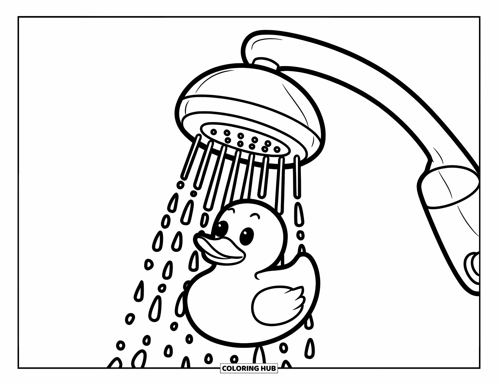 Rubber Duck Coloring Page for Kids: A duck splashes under a handheld shower with scattered droplets