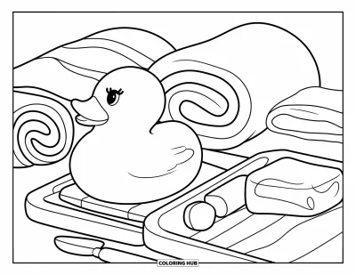 Coloriage de canard en caoutchouc pour enfants : Un canard, des serviettes, du savon et un plateau pour une scène spa relaxante