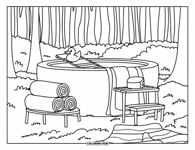 Coloriage de canard en caoutchouc pour enfants : Un spa en forêt avec un canard, des serviettes et une échelle en bois moussue