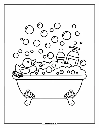 Coloriage de canard en caoutchouc pour enfants : Une baignoire amusante et mousseuse avec un canard, une éponge et des flacons de shampoing