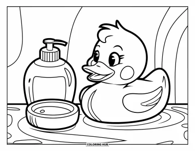 Coloriage de canard en caoutchouc pour enfants : Un canard heureux flotte près d'un porte-savon et d'un flacon de shampoing