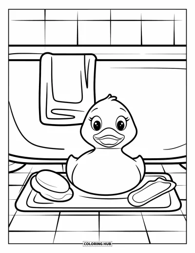 Coloriage de canard en caoutchouc pour enfants : Un canard heureux sur un tapis près d'une éponge et d'une baignoire