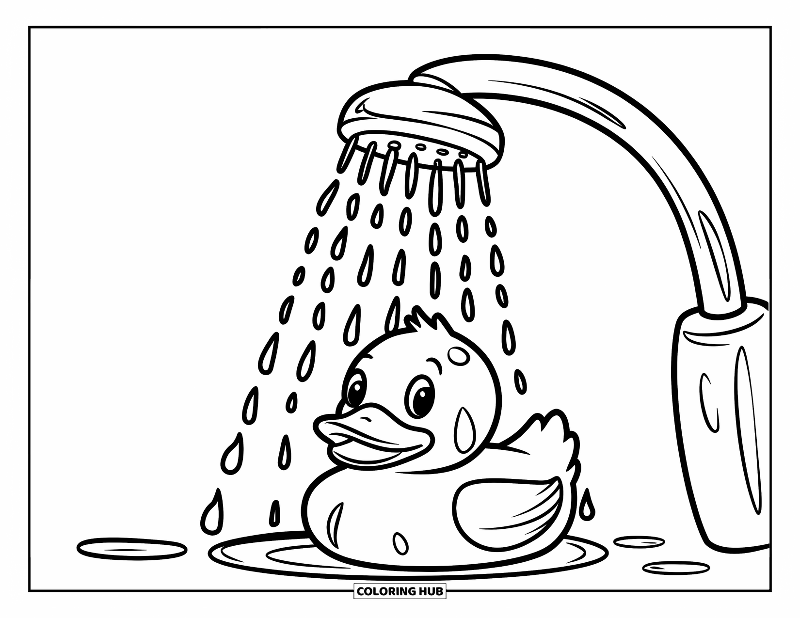 Rubber Duck Coloring Page for Kids: A happy duck sits under a showerhead with water drops all around