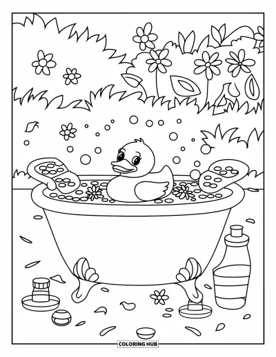 Coloriage de canard en caoutchouc pour enfants : Une baignoire de jardin luxuriante avec un canard, des pétales et des flacons de spa