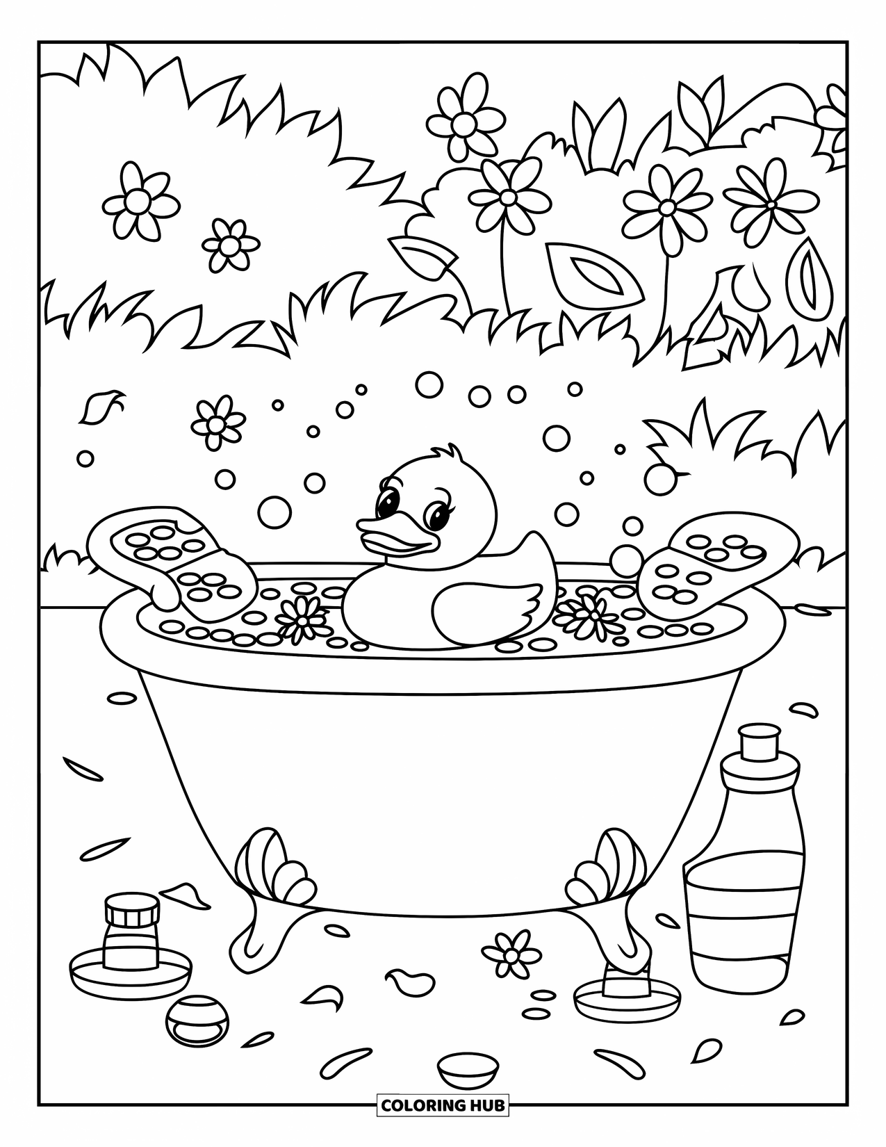 Rubber Duck Coloring Page for Kids: A lush garden tub scene with duck, petals, and spa bottles