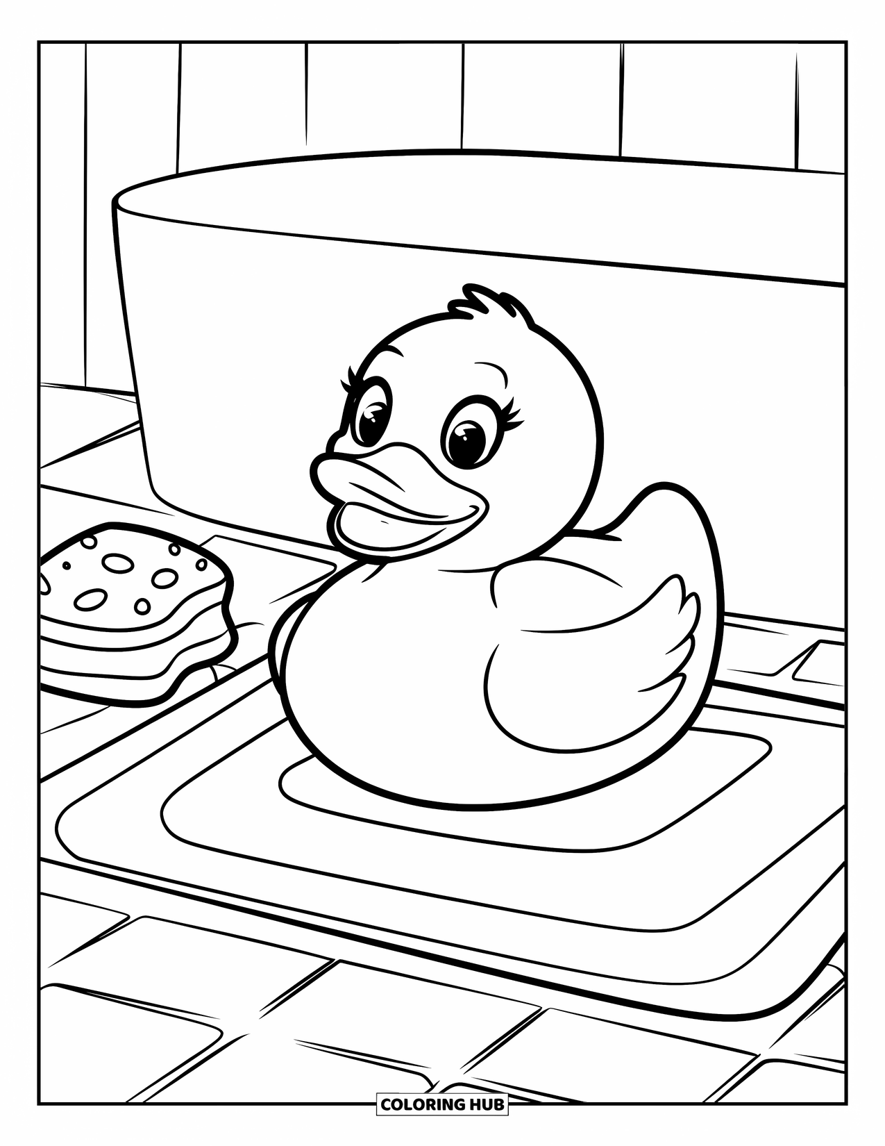 Rubber Duck Coloring Page for Kids: A playful duck rests on a bath mat with nearby sponge and cloth