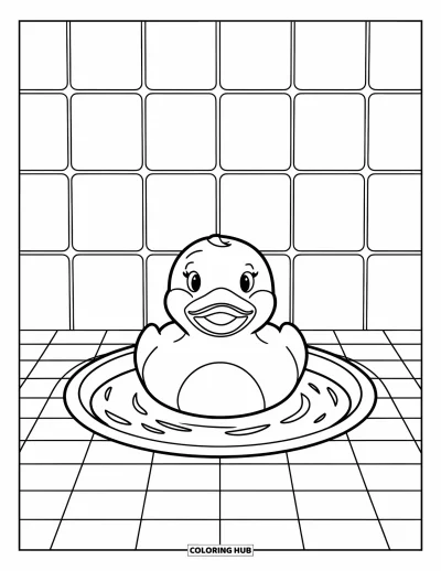 Coloriage de canard en caoutchouc pour enfants : Un canard en caoutchouc assis dans un bassin peu profond avec des carreaux décorés