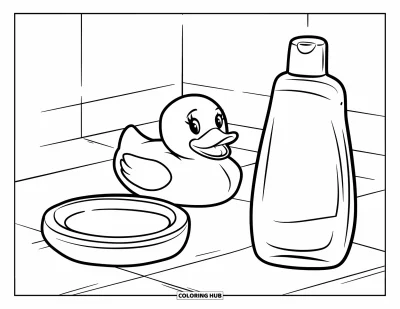 Coloriage de canard en caoutchouc pour enfants : Un canard tout sourire flotte près d'un porte-savon et d'un flacon de shampoing sur un sol propre