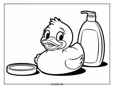Coloriage de canard en caoutchouc pour enfants : Un canard souriant flotte près du savon et du shampoing sur fond blanc