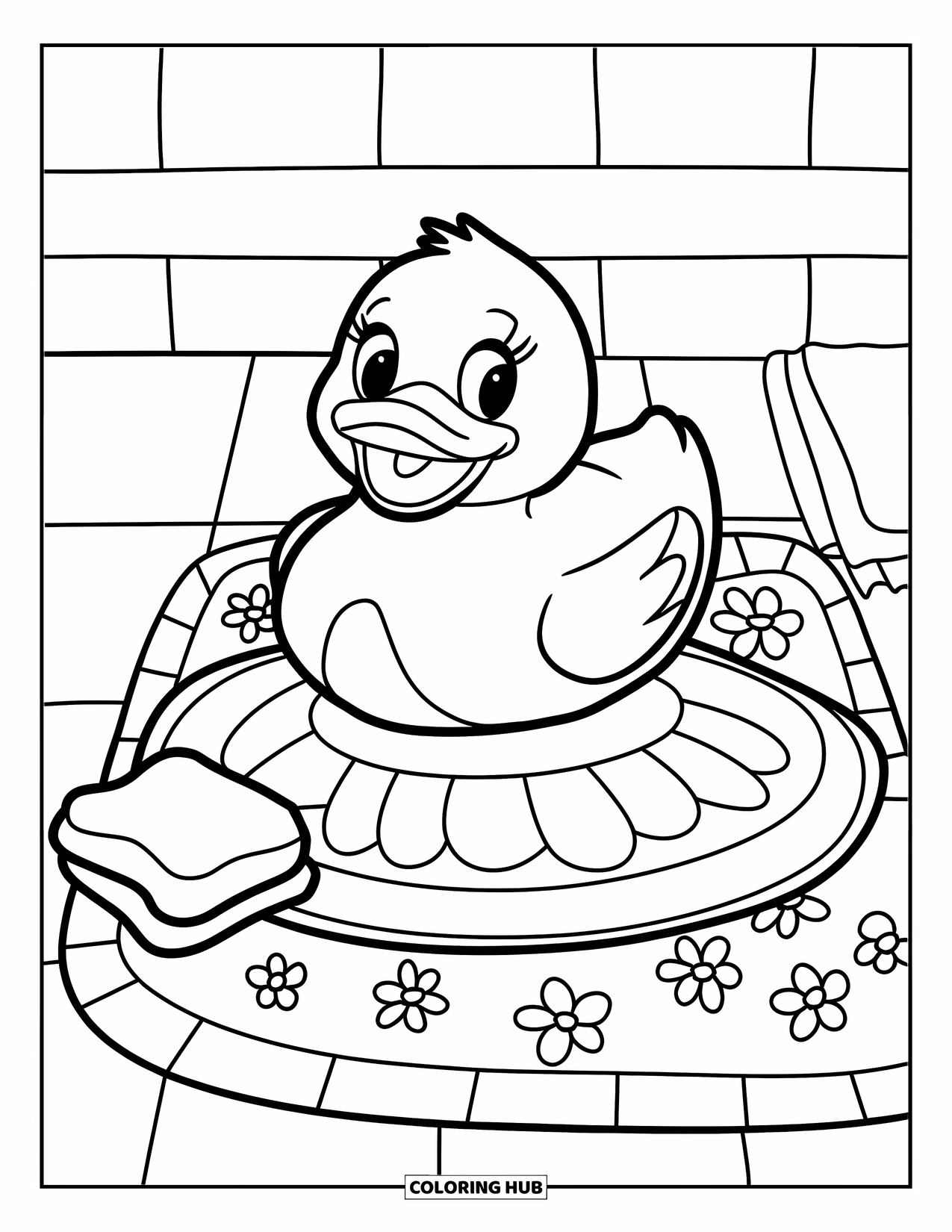 Rubber Duck Coloring Page for Kids: A smiling duck on a floral bath mat with a sponge and washcloth