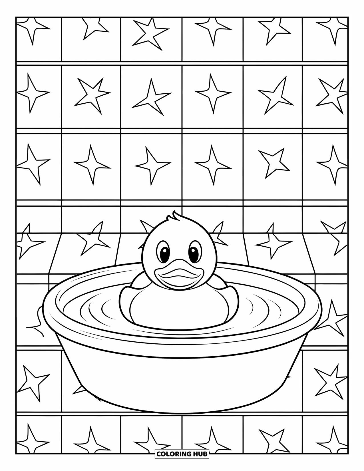 Rubber Duck Coloring Page for Kids: A smiling duck sits in a shallow basin with starry tiles