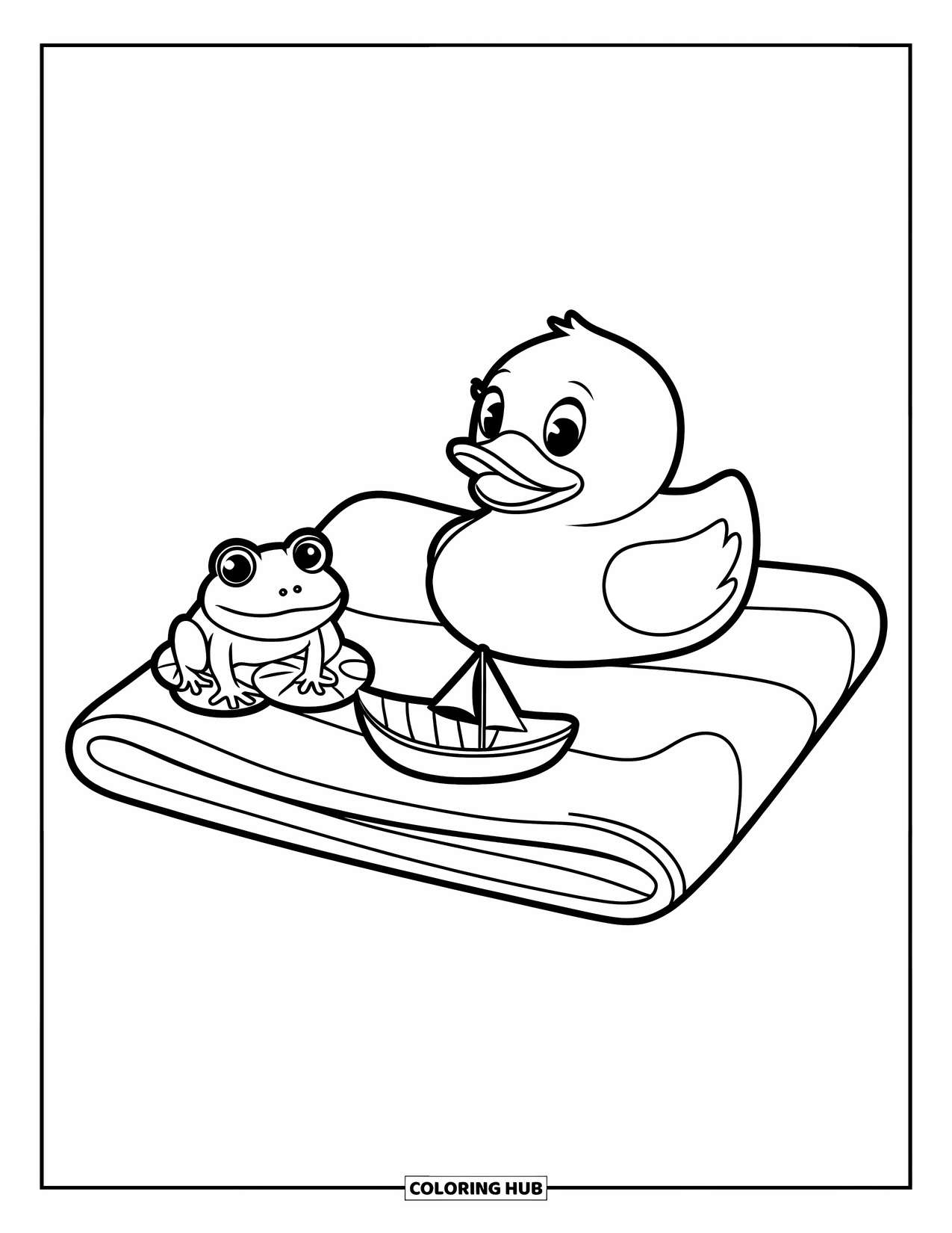 Rubber Duck Coloring Page for Kids: A smiling duck with frog and boat rests on a neatly folded towel