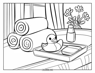 Coloriage de canard en caoutchouc pour enfants : Un coin spa avec un canard, des serviettes, du savon, un vase et une fenêtre ensoleillée