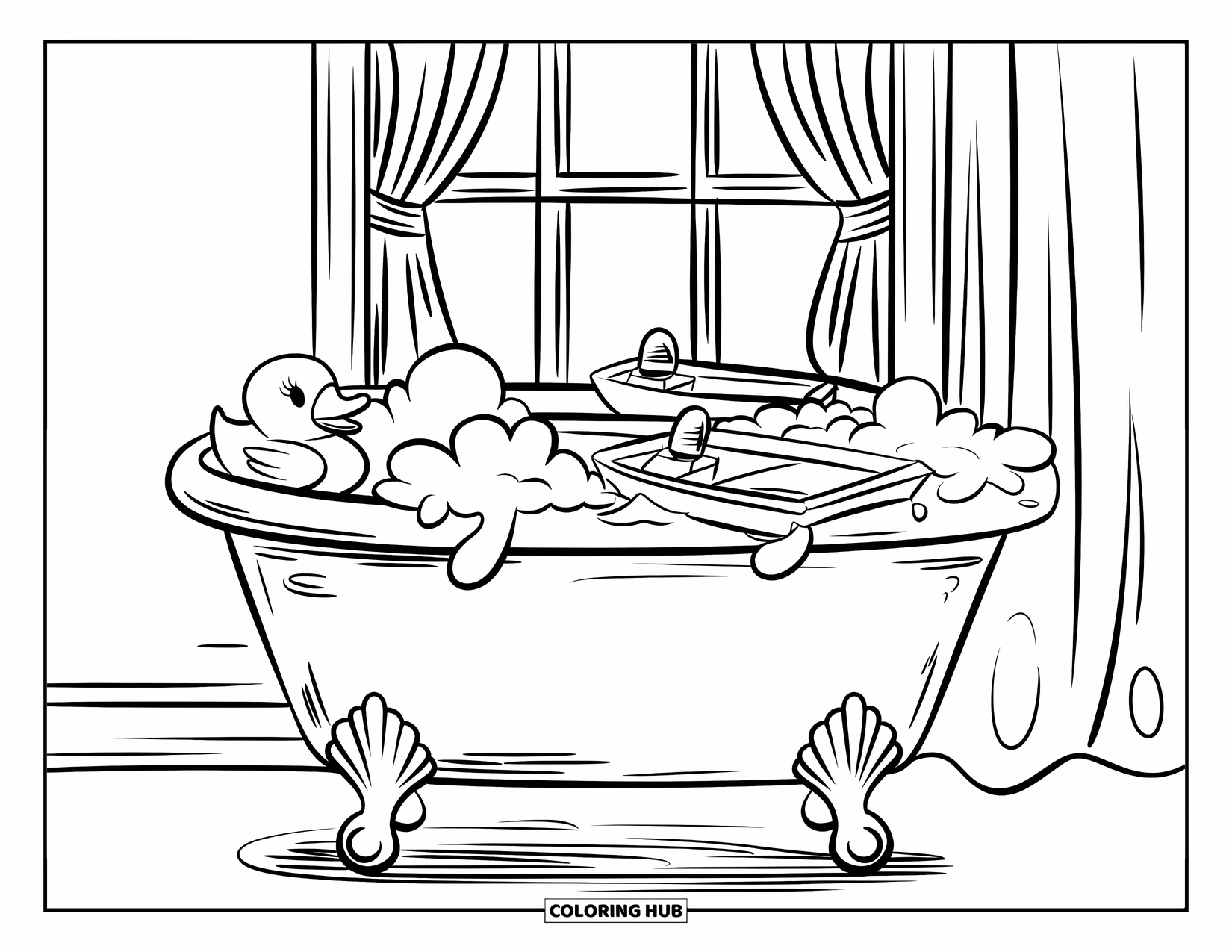Rubber Duck Coloring Page for Kids: A vintage bathtub holds a duck, boats, bubbles, and a chandelier nearby