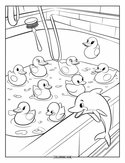 Coloriage de canard en caoutchouc pour enfants : Des canards et un dauphin flottent dans la baignoire entourés de bulles