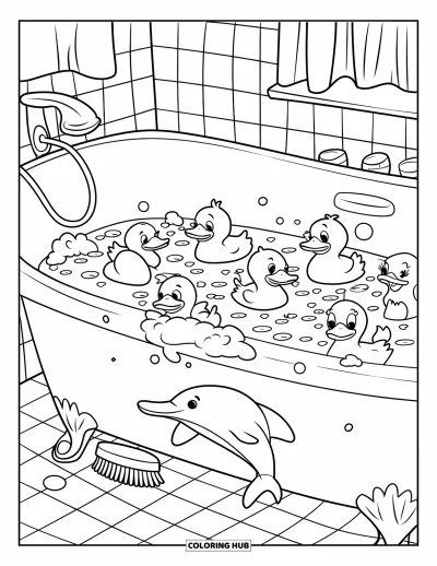 Coloriage de canard en caoutchouc pour enfants : Des canards s'éclaboussent dans une baignoire mousseuse avec une brosse et un dauphin en plastique