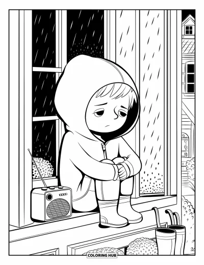 Coloriage triste pour adultes : Un garçon en sweat à capuche est assis sur le rebord d'une fenêtre à écouter de la musique douce en regardant la pluie