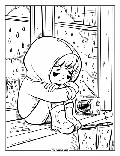 Coloriage triste pour adultes : Un garçon en sweat à capuche est assis sur le rebord d'une fenêtre à regarder les gouttes de pluie avec une petite radio à côté