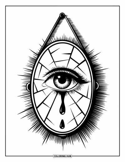 Coloriage triste pour adultes : Un miroir fissuré accroché au mur montre un œil avec une larme qui tombe