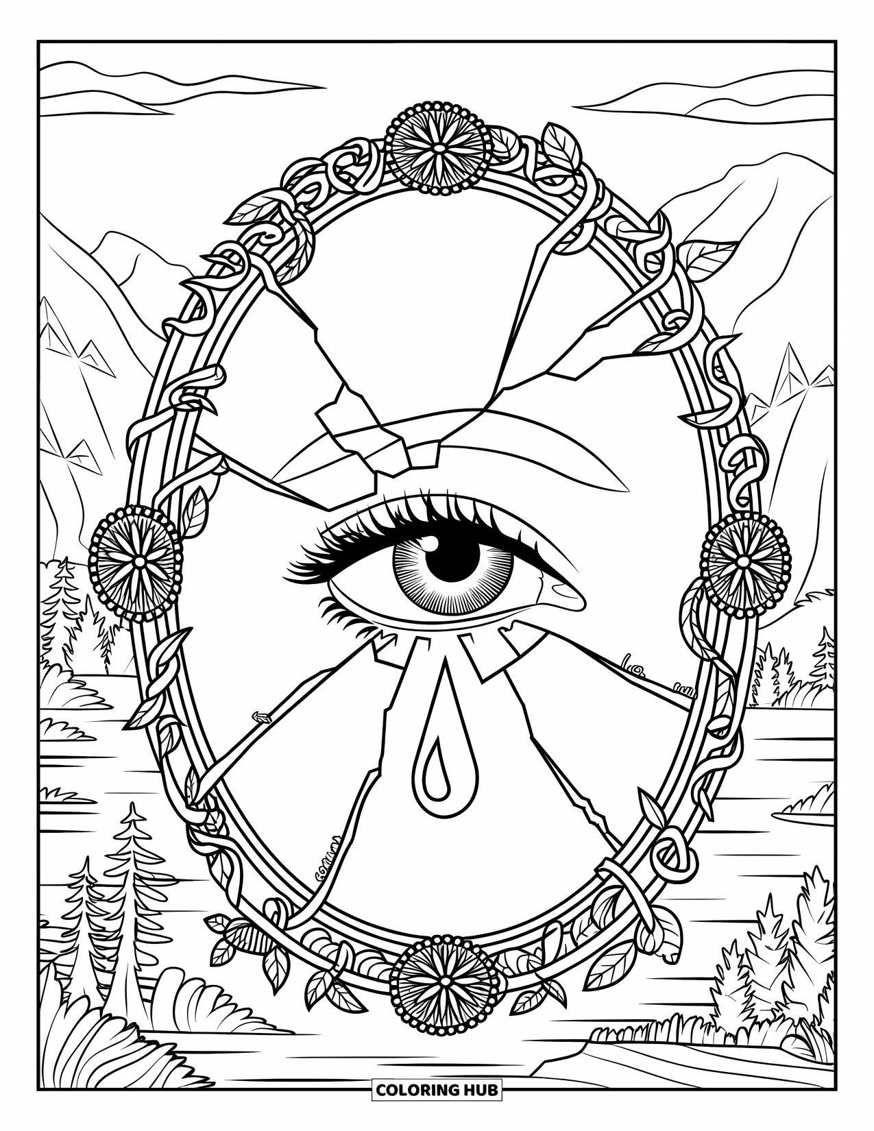 Sad Coloring Page for Adults: A cracked mirror with an eye and tear, framed by vines and a calm mountain view