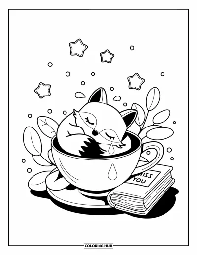 Coloriage triste pour adultes : Un renard lové dans une tasse de thé avec une larme, des étoiles, des feuilles et un livre "miss you"