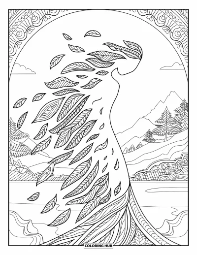 Coloriage triste pour adultes : Une silhouette sans visage faite de feuilles se dissout dans le vent près d'arbres et d'une eau tranquille