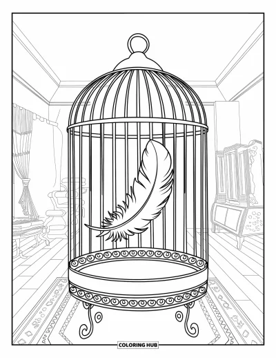 Coloriage triste pour adultes : Une plume s'échappe d'une cage à oiseaux ouverte dans une pièce tranquille avec un plancher en bois et des meubles