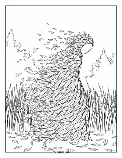 Coloriage triste pour adultes : Une silhouette faite de feuilles se désagrège dans le vent dans un champ herbeux avec des arbres