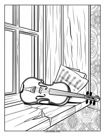 Coloriage triste pour adultes : Un violon solitaire repose sur un rebord de fenêtre fissuré avec des partitions dans une pièce rustique aux motifs décoratifs