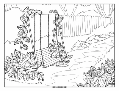 Coloriage triste pour adultes : Une balançoire solitaire se penche le long d'un chemin de jardin couvert de lierre et encadré d'arbres