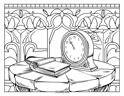 Coloriage triste pour adultes : Une horloge qui fond et un livre oublié reposent sur une table en pierre avec des détails artistiques apaisants