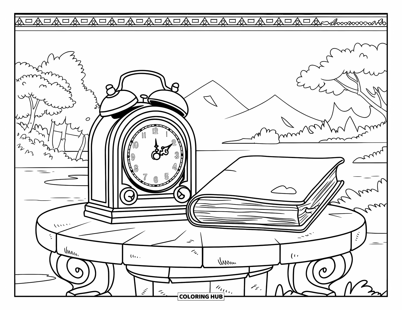 Sad Coloring Page for Adults: A melting clock and old book on a stone table with trees, mountains, and calm water