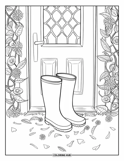 Coloriage triste pour adultes : Une paire de bottes de pluie vides est posée devant une porte entourée de pétales de fleurs éparpillés