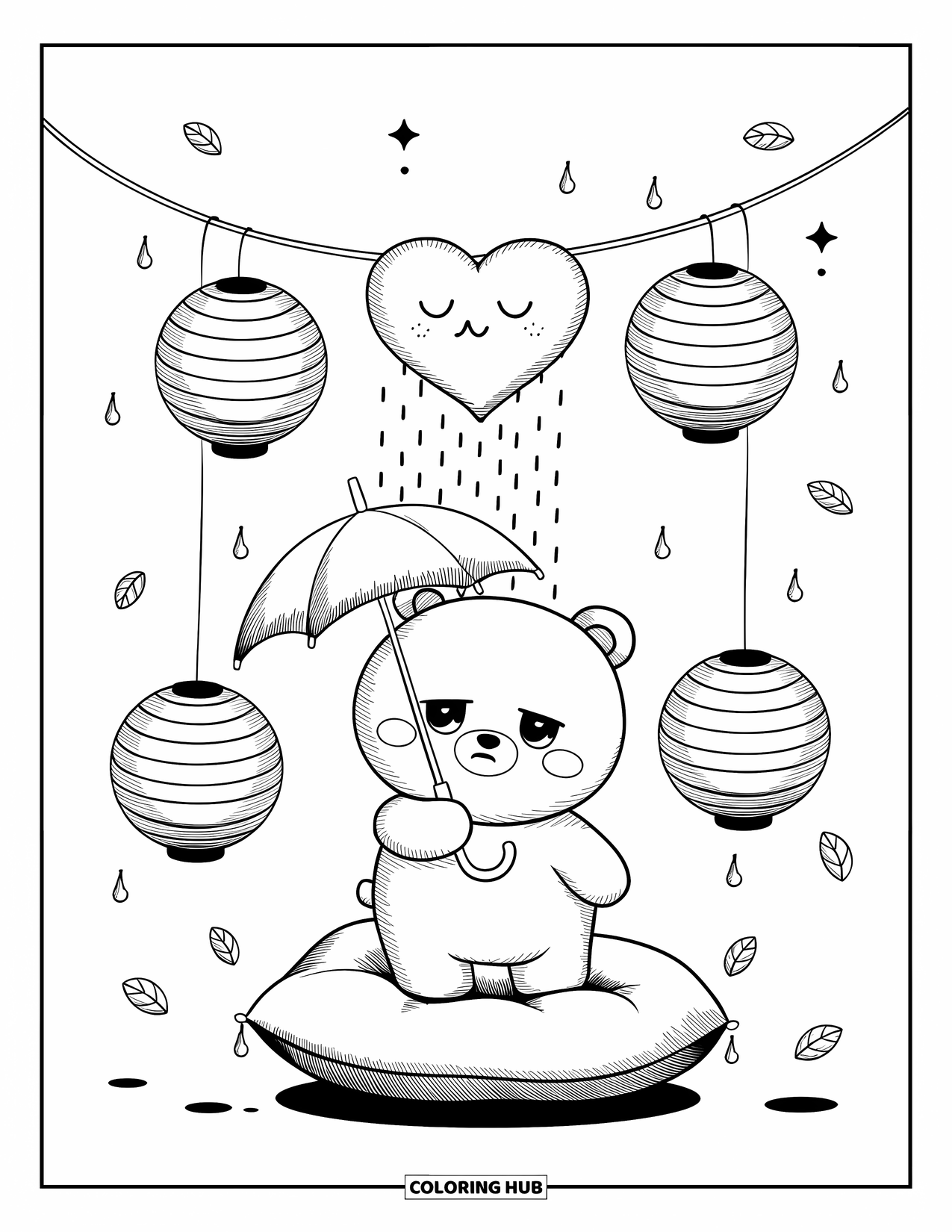 Sad Coloring Page for Adults: A sad bear holds an umbrella on a pillow under lanterns and a heart-shaped rain cloud
