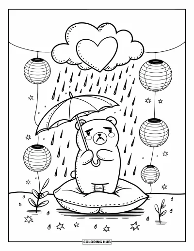 Coloriage triste pour adultes : Un ours en peluche triste tient un parapluie sur un oreiller sous des lanternes avec un nuage-cœur qui fait pleuvoir