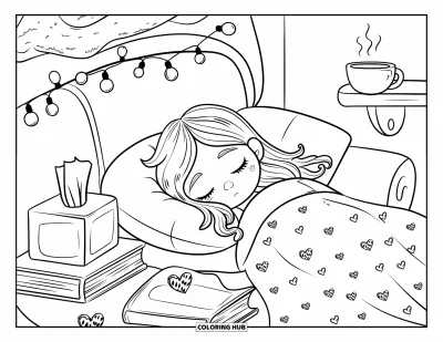 Coloriage triste pour adultes : Une fille endormie se détend sur un canapé avec du thé, des guirlandes lumineuses et de petits cœurs