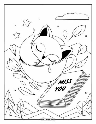 Coloriage triste pour adultes : Un petit renard dort dans une tasse de thé flottant parmi des étoiles, des feuilles et un livre "miss you"