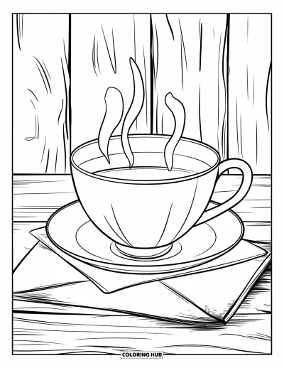 Coloriage triste pour adultes : Une tasse de thé fumante repose sur une lettre non lue aux bords déchirés sur une table rustique