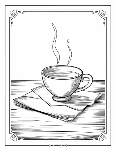 Coloriage triste pour adultes : Une tasse de thé avec de la vapeur est posée sur une lettre déchirée sur une surface en bois avec un cadre décoratif