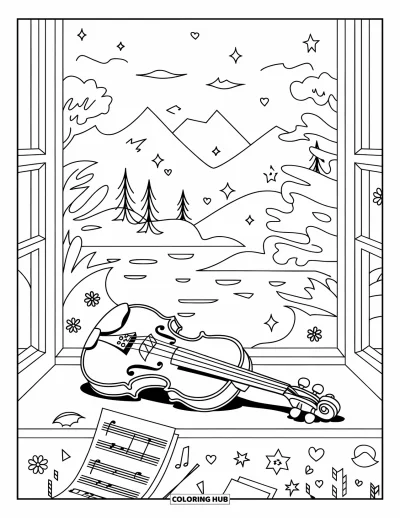 Coloriage triste pour adultes : Un violon sur un rebord de fenêtre fissuré avec des partitions qui volent et des étoiles et fleurs éparpillées