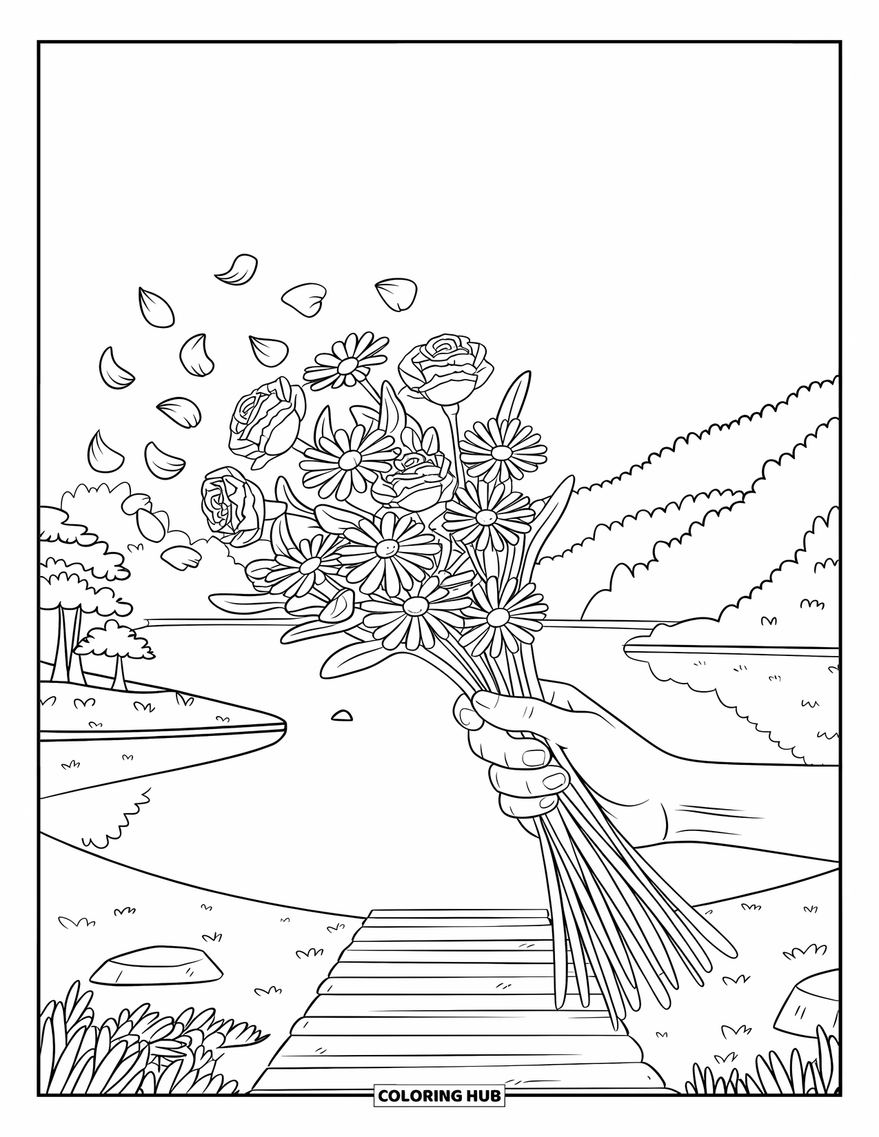 Sad Coloring Page for Adults: A wilted bouquet in hand with petals blowing away near a calm lake and wooden dock