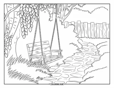 Coloriage triste pour adultes : Une balançoire en bois se penche près d'un chemin de jardin en pierre entouré d'une clôture rustique et d'arbres