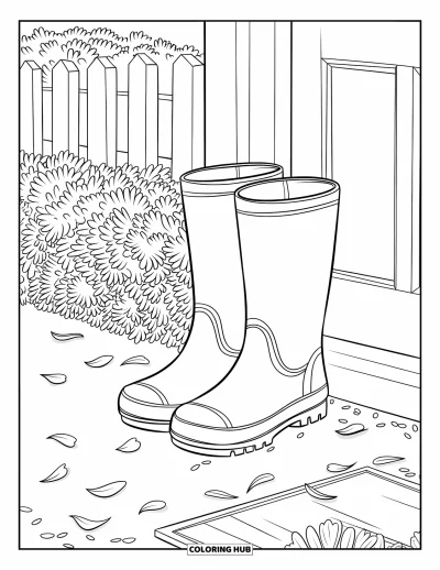 Coloriage triste pour adultes : Des bottes de pluie vides sont posées devant une porte avec des pétales éparpillés autour et une clôture à proximité